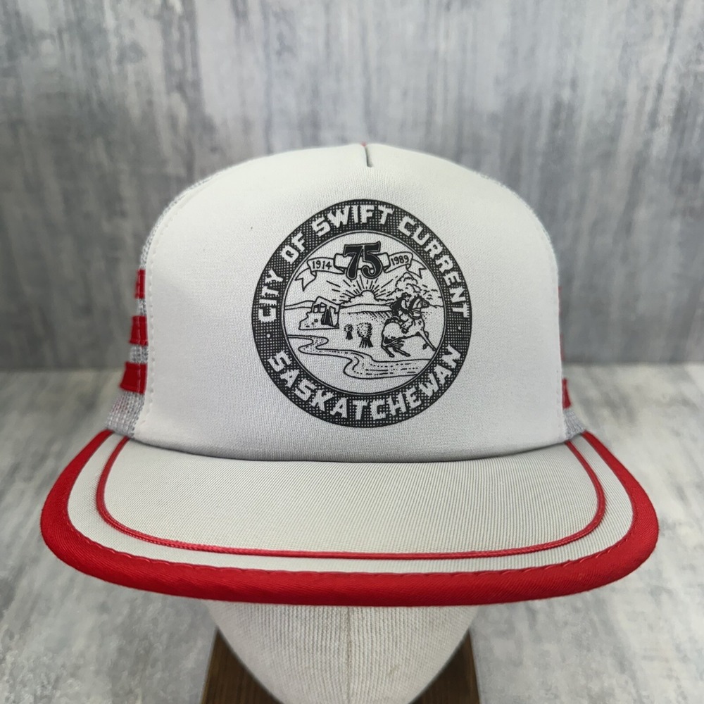 City Of Swift Current 75 Years 3 Three Stripe Trucker Mesh SnapBack Vtg Hat Cap - Picture 2 of 9
